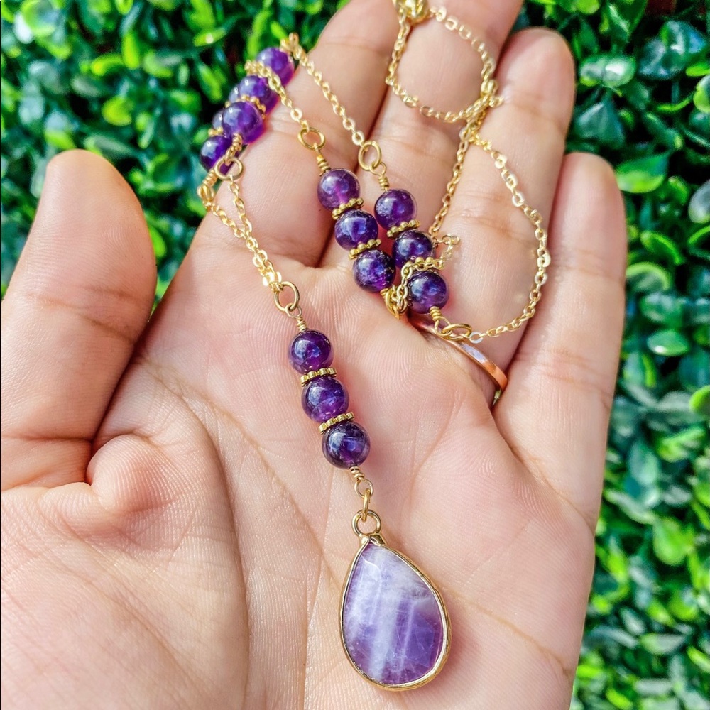 Amethyst Lariat Genuine Gemstone Necklace Beaded Bohemian Jewelry - Picture 2 of 4